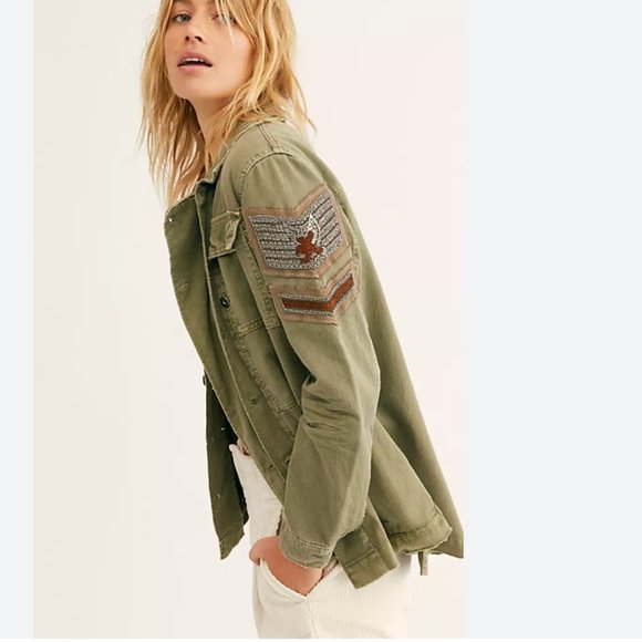 Free People women's S green military inspired jacket w/ eagle beaded motif EUC - Picture 4 of 10